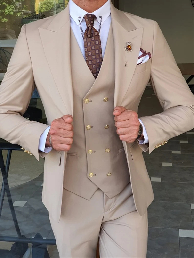 Handsome Champagne Wedding Tuxedos 2022 For Men Peaky Blinder Two Button Vest 3 Pieces Groom Suit Bussiness Prom Party Wear Suit