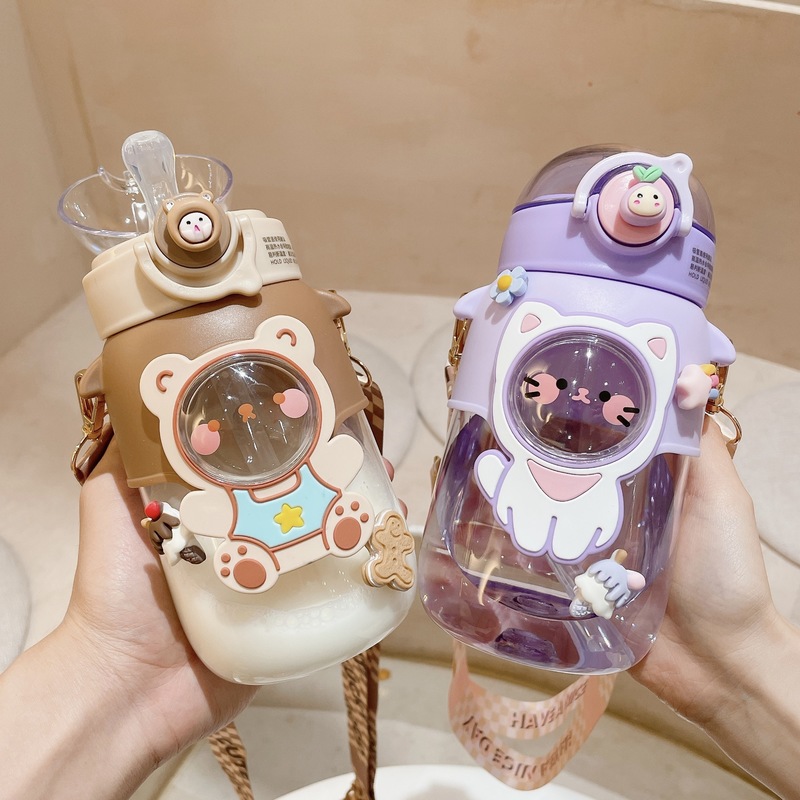 Cups Dishes Utensils Children Water Bottle Cartoon Plastic Straw Cup Straps Handles Portable Outdoor Travel School Large Capacity Drinking Bottles 220