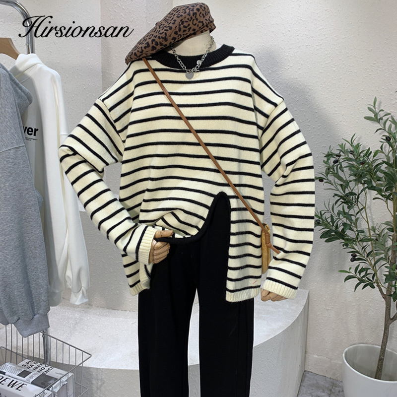 Womens Sweaters Hirsionsan Autumn Stripe Oneck Knit Women Loose Simple Split Female Korean Fashion Soft Warm Pllover Tops 220906