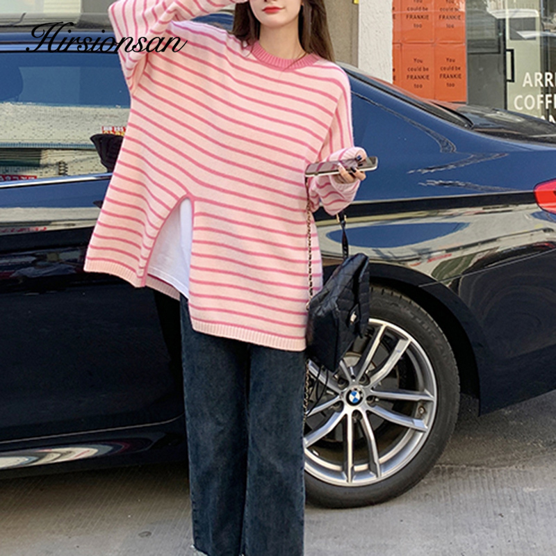 Womens Sweaters Hirsionsan Autumn Stripe Oneck Knit Women Loose Simple Split Female Korean Fashion Soft Warm Pllover Tops 220906