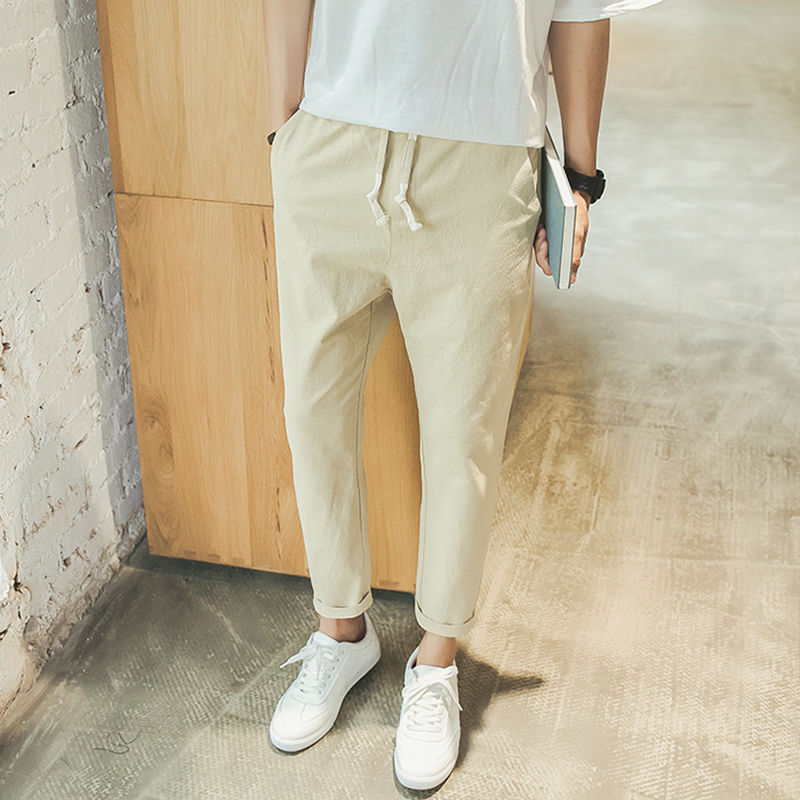 Men's Pants FOJAGANTO Summer Korean Style Linen Slim Casual Calf Length Fashion Light Thin Solid Color Male 220907
