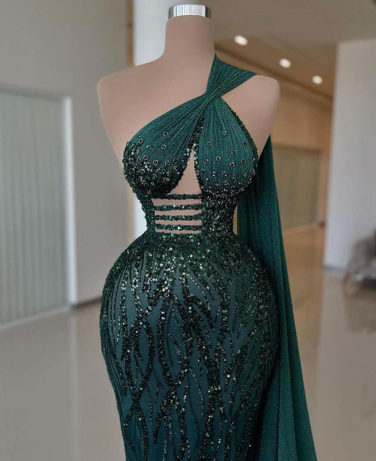 Dark Green Mermaid Evening Dress One Shoulder Sequins Prom Gowns Robe De Soiree Sweep Train Dubai Formal Wear Custom Made