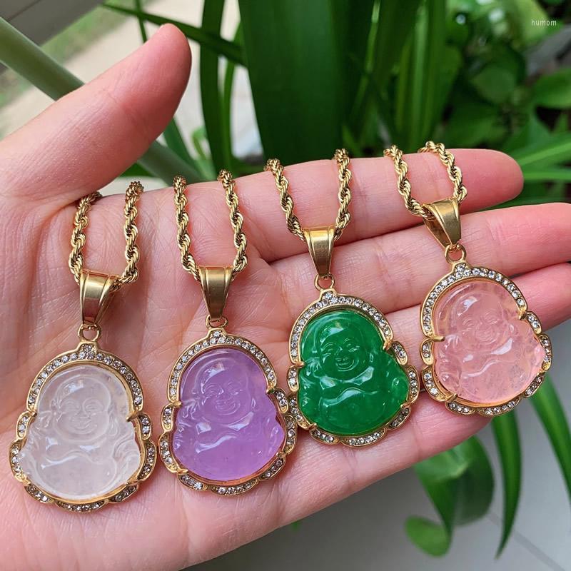 Pendant Necklaces Hip Hop Stainless Steel Jewelry Crystal Buddha Necklace For Women Men Multicolor Jades Stone Pendulum Healing