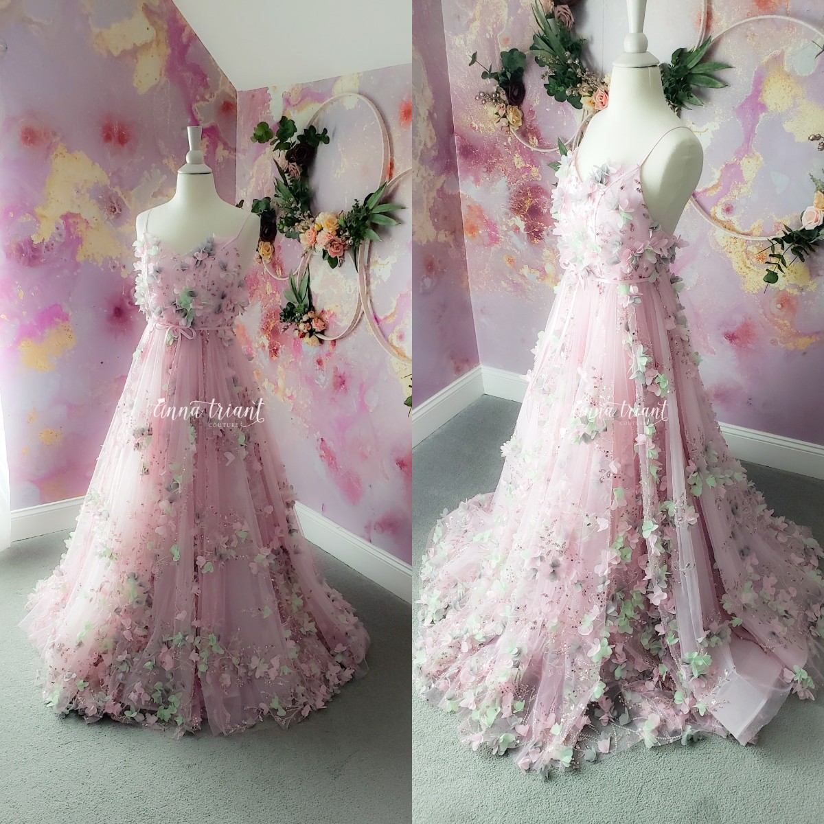 3D Floral Flower Girl Dresses Pink Sequined Long A Line Pageant Gowns For Photoshoot Tulle Boho First Communion Dress