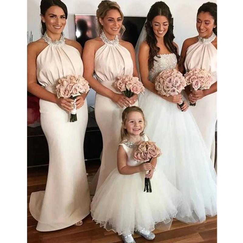 White Mermaid Bridesmaid Dresses Wedding Guest Dress Halter Neck Beading Plus Size Maid of Honor Gowns