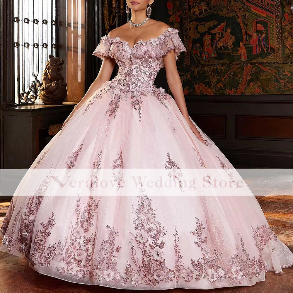 Princess Pink vestidos de 15 anos Quinceanera Dresses Appliques Lace Off Shoulder Sweet 16 robes de soiree Girl Prom Wear