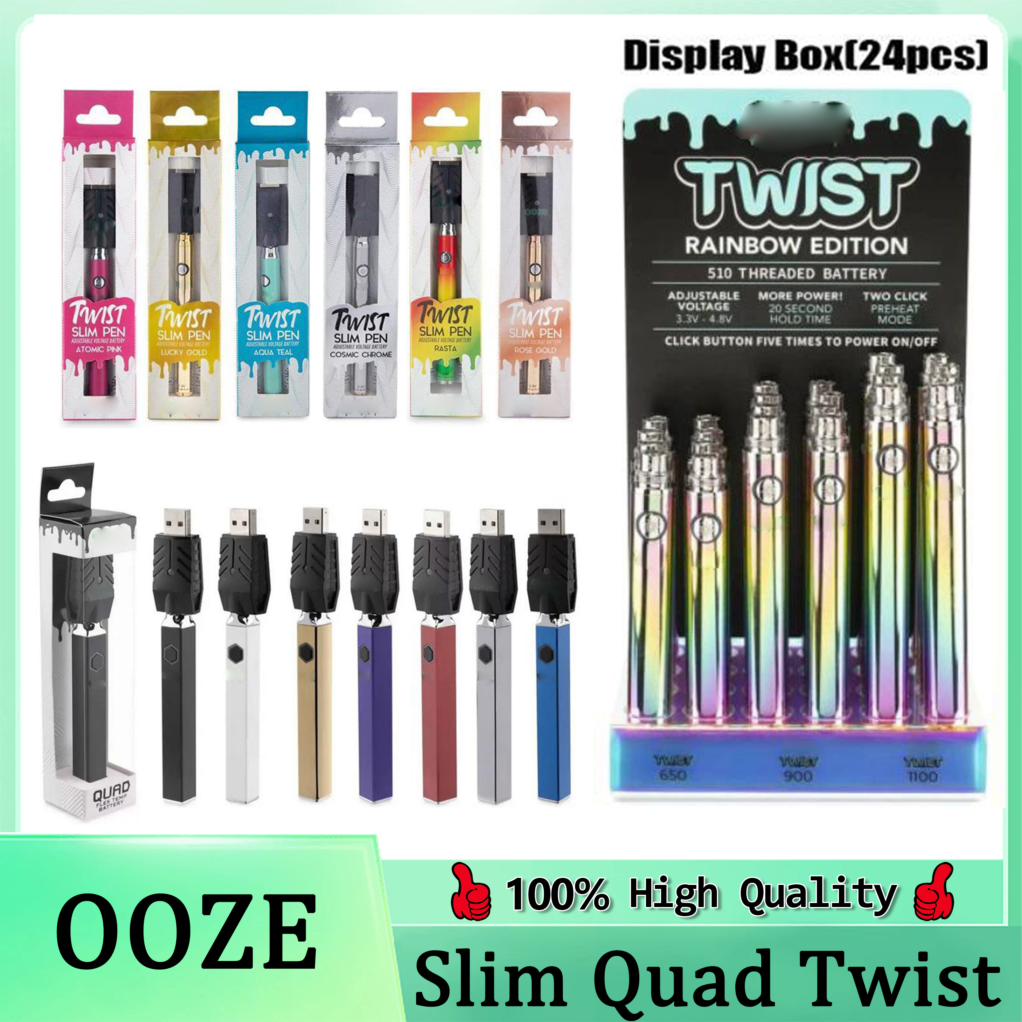 Slim Twist Pen Quad Twist Preheat Battery 650mah 900mah 1100mah With Display Box Variable Voltage 510 thread Vape PK Vision Spinner Fast Ship
Slim Twist Pen Quad Twist Preheat Battery 650mah 900mah 1100mah With Display Box Variable Voltage 510 thread Vape PK Vision Spinner Fast Ship