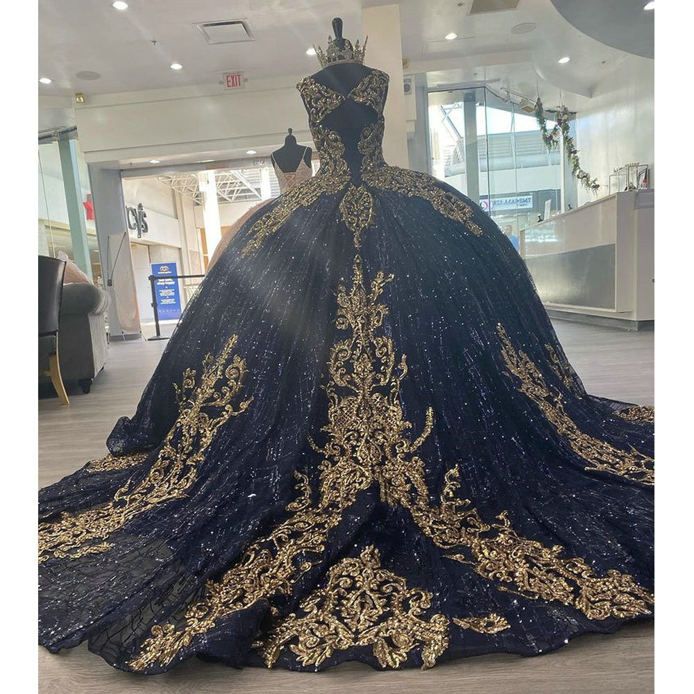 Navy Blue Glitter Crystal Quinceanera Dress With Gold Appliques lace-up Corset Ball Gown prom swety Vestidos De 15 Anos