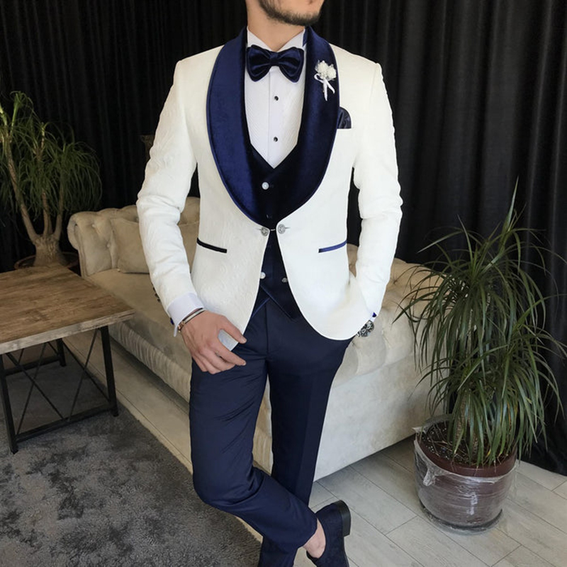 White And Navy Wedding Tuxedos Suit Peaky Blinder Velvet Vest Three Pieces Groom Suits 2024 Formal Dinner Party Bussiness Wear Suit Groomsmen Clothoes