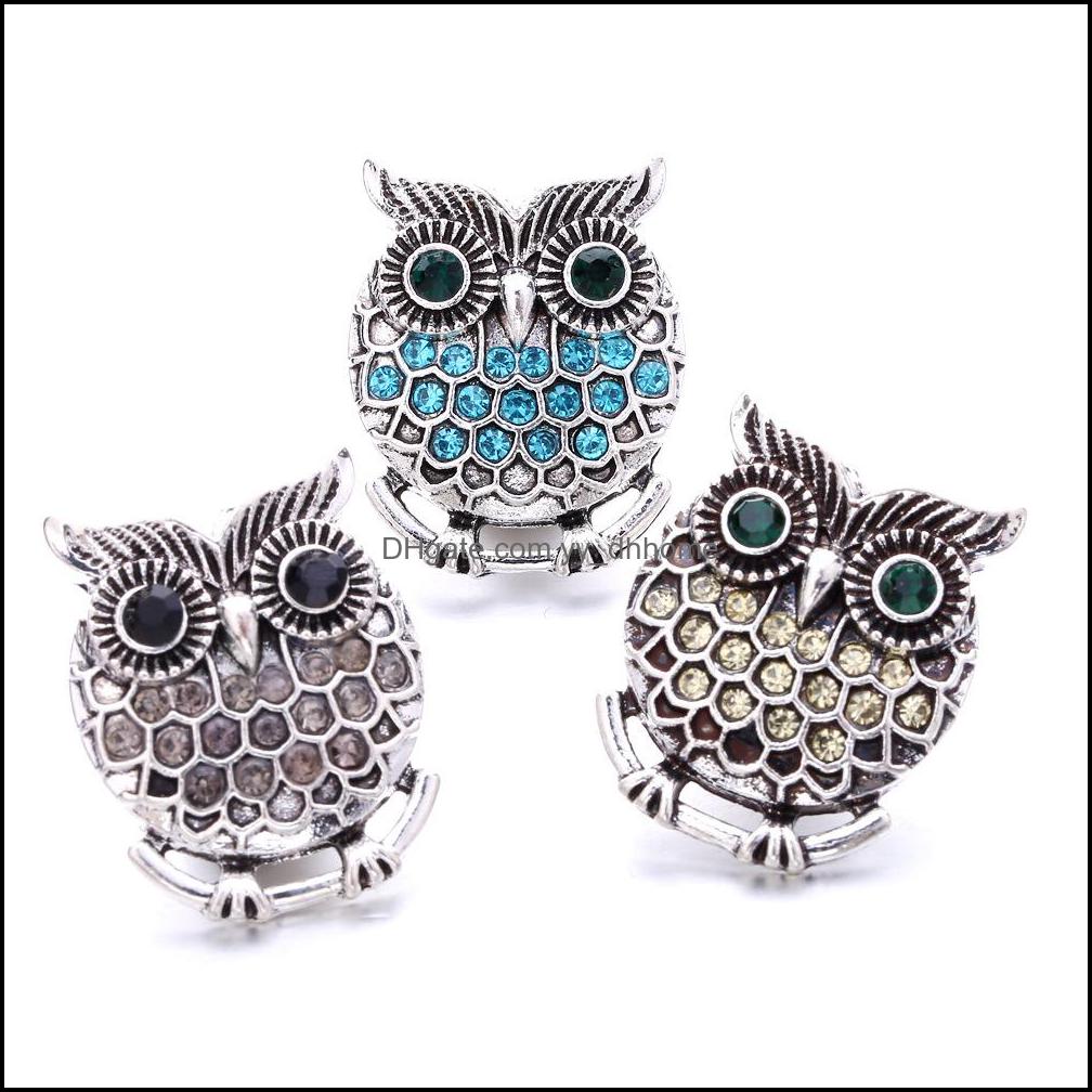 Other Snap Button Jewelry Component Rhinestone Retro Owl 18Mm Metal Snaps Buttons Fit Bracelet Bangle Noosa N0054 Drop D Dhseller2010 Dhobl