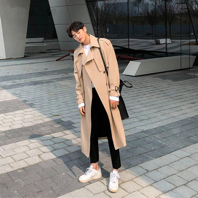 Men's Trench Coats Korean Fashion Double Breasted Windbreaker Men Autumn Loose Middle Long Trench Coat Belt Casual Gabardina Hombre 220906
