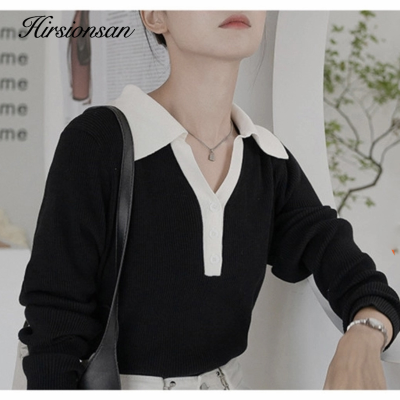 Womens Sweaters Hirsionsan Pichwork Polo Neck Sweater Women Korean Slim Knitted Female Tops Loose Turn Down Ladies Jumpers 220906