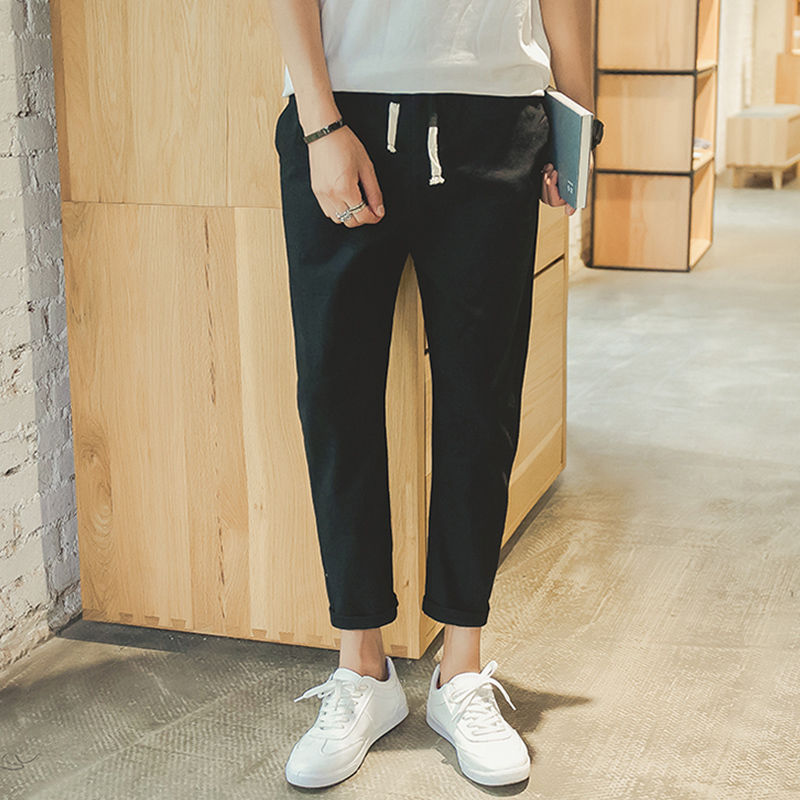 Men's Pants FOJAGANTO Summer Korean Style Linen Slim Casual Calf Length Fashion Light Thin Solid Color Male 220907