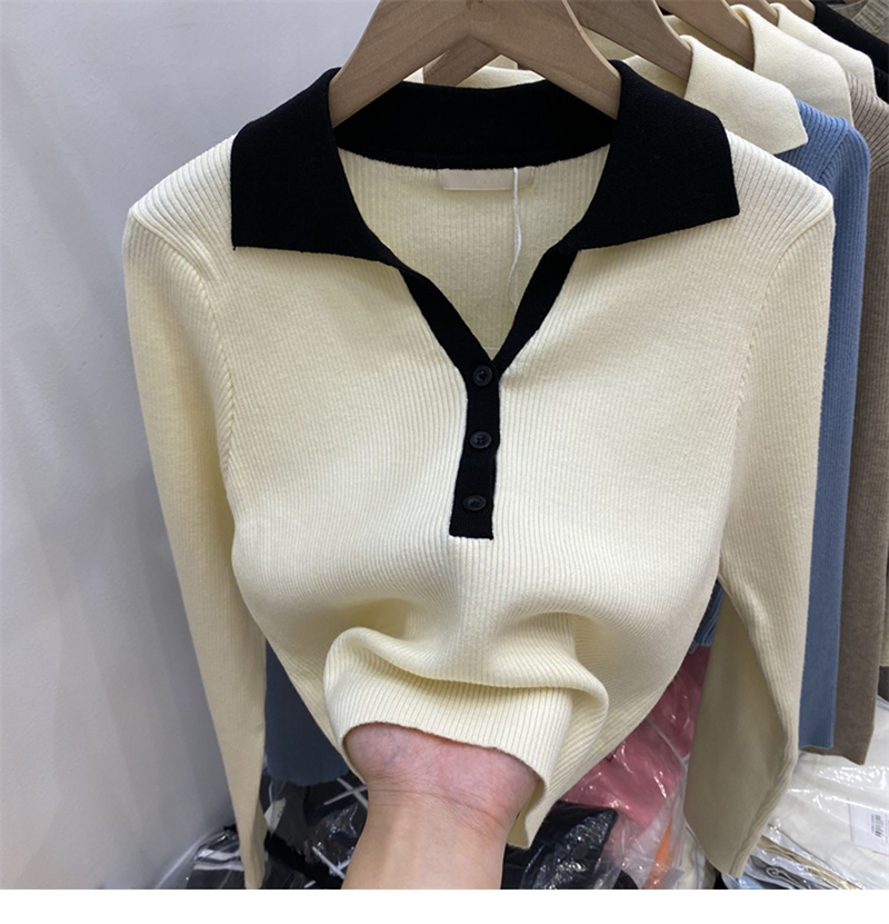 Womens Sweaters Hirsionsan Pichwork Polo Neck Sweater Women Korean Slim Knitted Female Tops Loose Turn Down Ladies Jumpers 220906