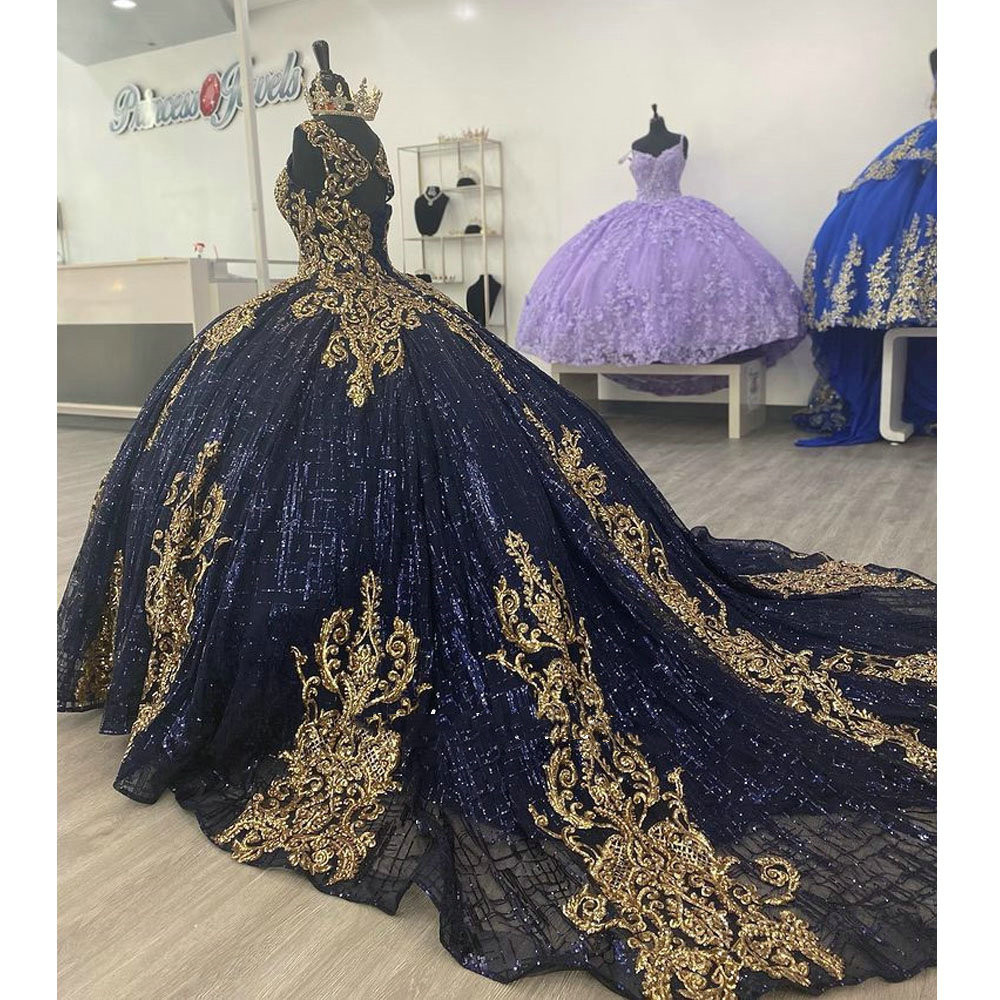 Navy Blue Glitter Crystal Quinceanera Dress With Gold Appliques lace-up Corset Ball Gown prom swety Vestidos De 15 Anos