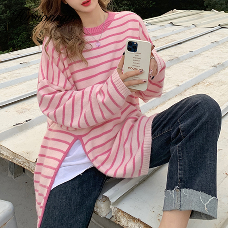 Womens Sweaters Hirsionsan Autumn Stripe Oneck Knit Women Loose Simple Split Female Korean Fashion Soft Warm Pllover Tops 220906