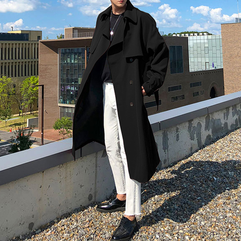 Men's Trench Coats Korean Fashion Double Breasted Windbreaker Men Autumn Loose Middle Long Trench Coat Belt Casual Gabardina Hombre 220906