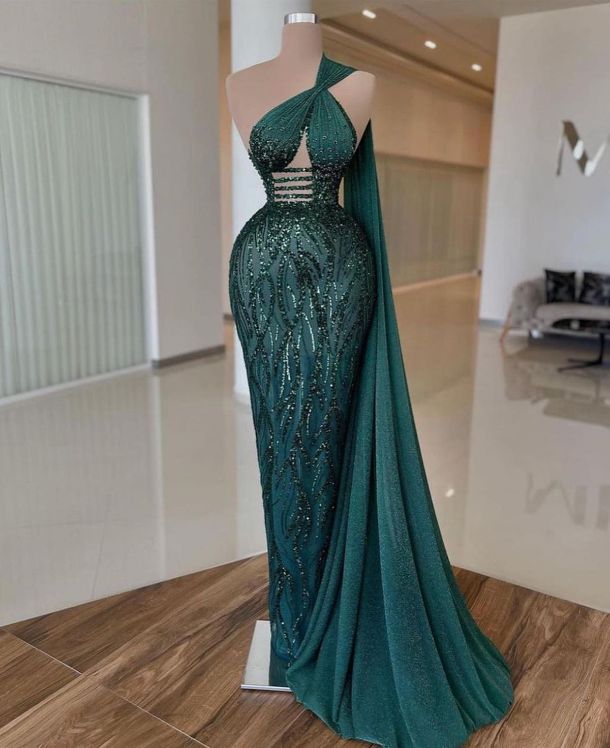 Dark Green Mermaid Evening Dress One Shoulder Sequins Prom Gowns Robe De Soiree Sweep Train Dubai Formal Wear Custom Made