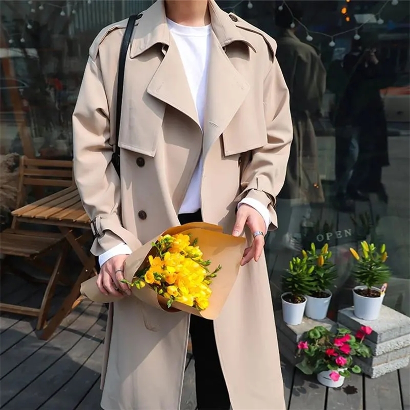 Men's Trench Coats Korean Fashion Double Breasted Windbreaker Men Autumn Loose Middle Long Trench Coat Belt Casual Gabardina Hombre 220906