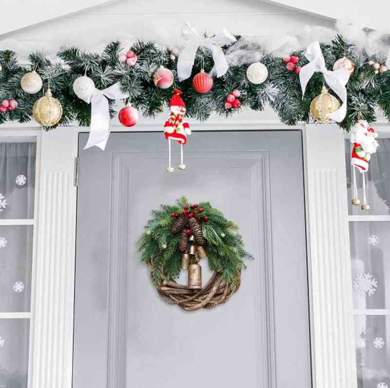 Decorative Flowers Wreaths Rustic Christmas Wreath Rattan Pine Cone Garland Farmhouse Decoration With Bell Front Door Decor Hanging Garland New Year G