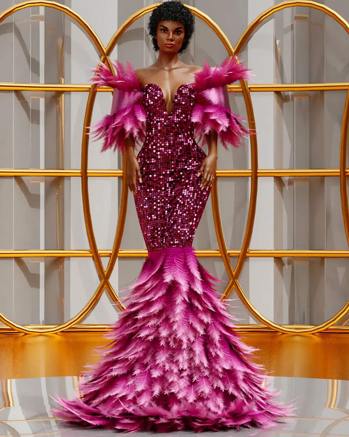 Feathers Shiny Mermaid Prom Dresses Sequined Short Sleeves Party Dresses V Neck Custom Made Evening Dress