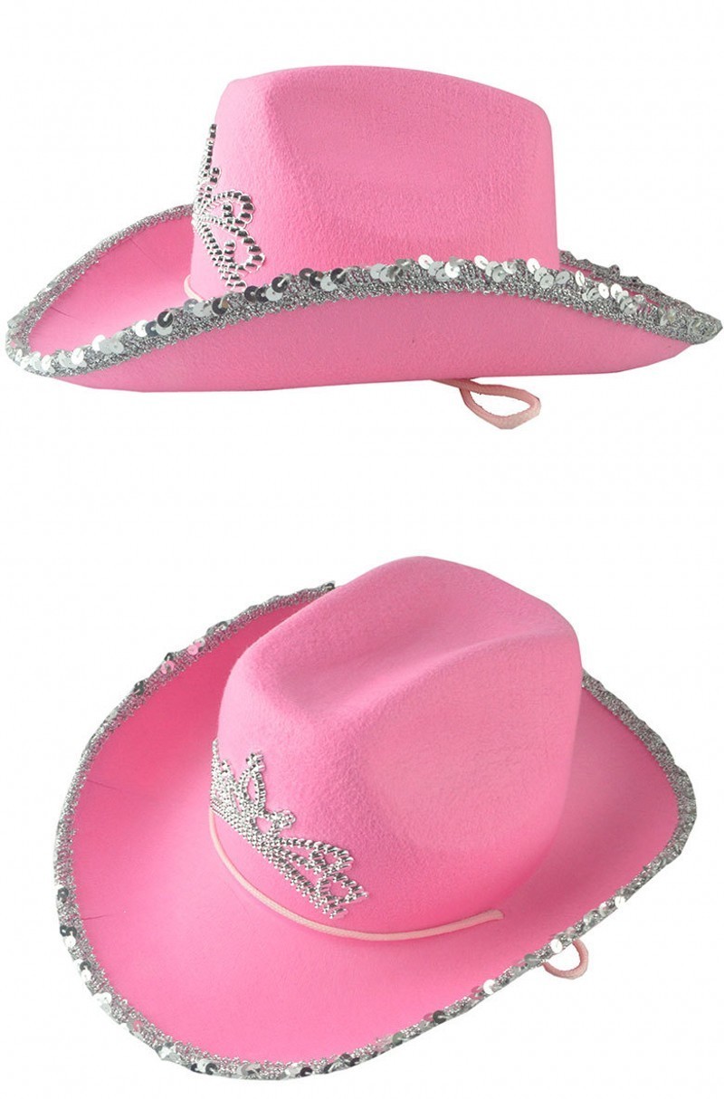 Wide Brim Hats Crown Pink Cowboy Caps Western Cowgirl Hat for Women Girl Feather Edge Shiny Sequins Tiara Cowgirl Hats Party Fedora Cap Caps 220907