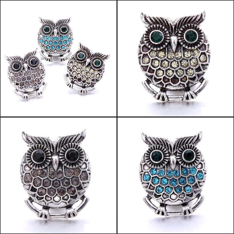 Other Snap Button Jewelry Component Rhinestone Retro Owl 18Mm Metal Snaps Buttons Fit Bracelet Bangle Noosa N0054 Drop D Dhseller2010 Dhobl