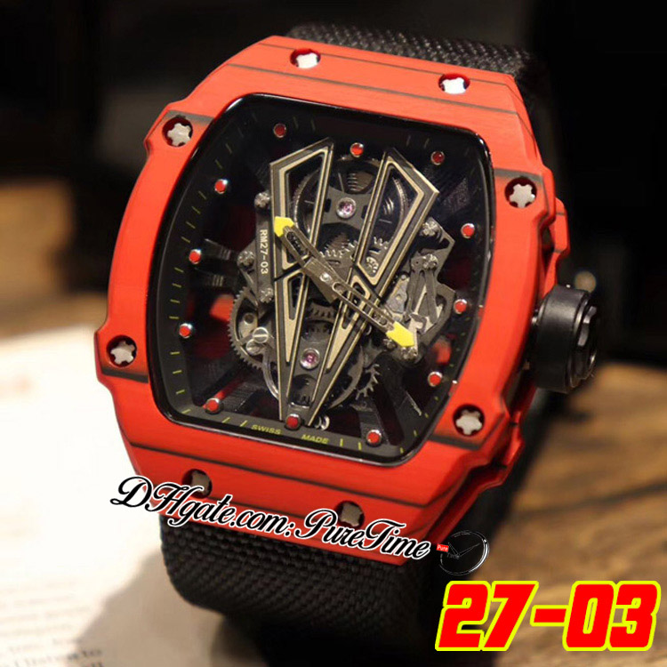 27-03 Tourbillon Rafael Nadal Miyota Automatic Mens Watch 2022 NTPT Red Carbon Fiber Case Skeleton Dial Big Date Black Crown Nylon Strap 3 Styles Puretime C3, Original box
27-03 Tourbillon Rafael Nadal Miyota Automatic Mens Watch 2022 NTPT Red Carbon Fiber Case Skeleton Dial Big Date Black Crown Nylon Strap 3 Styles Puretime C3, Original box