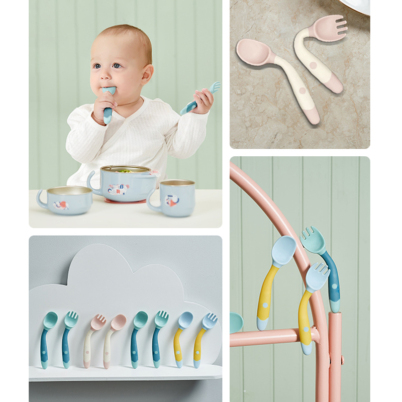Cups Dishes Utensils 2PCS Silicone Spoon Fork for Baby Set Auxiliary Food Toddler Learn To Eat Training Bendable Soft Infant Tableware 220906