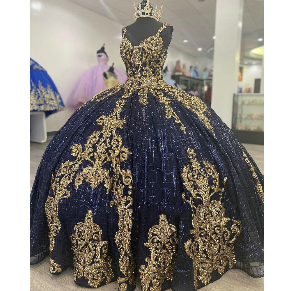 Navy Blue Glitter Crystal Quinceanera Dress With Gold Appliques lace-up Corset Ball Gown prom swety Vestidos De 15 Anos