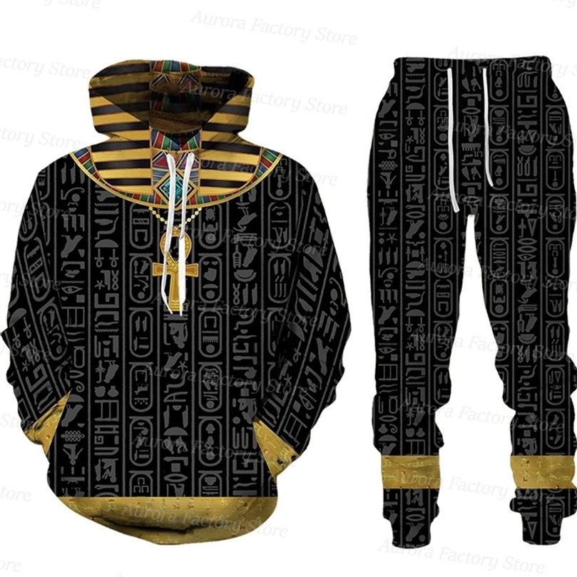Mens Tracksuits Mens Tracksuit 2 Piece Vintage Hoodie Set Egyptian Mythology Outfit Suit Long Sleeve Comfortable Daily Clothing With Hat 220906