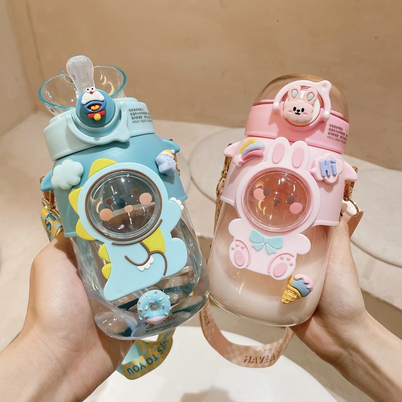Cups Dishes Utensils Children Water Bottle Cartoon Plastic Straw Cup Straps Handles Portable Outdoor Travel School Large Capacity Drinking Bottles 220