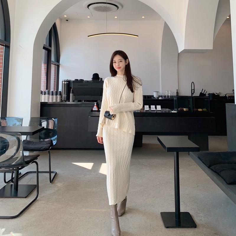 Two Piece Dress Korean Knitted Suit Women Long Sleeve Casual Loose Pullover Sweater High Waist Bodycon Skirt Sets Quality 220906