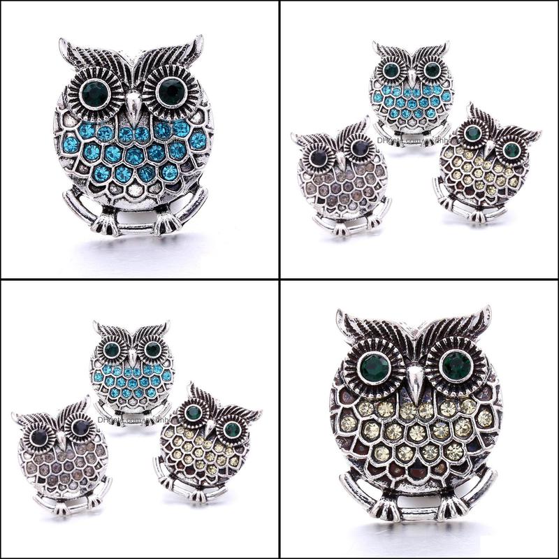 Other Snap Button Jewelry Component Rhinestone Retro Owl 18Mm Metal Snaps Buttons Fit Bracelet Bangle Noosa N0054 Drop D Dhseller2010 Dhobl