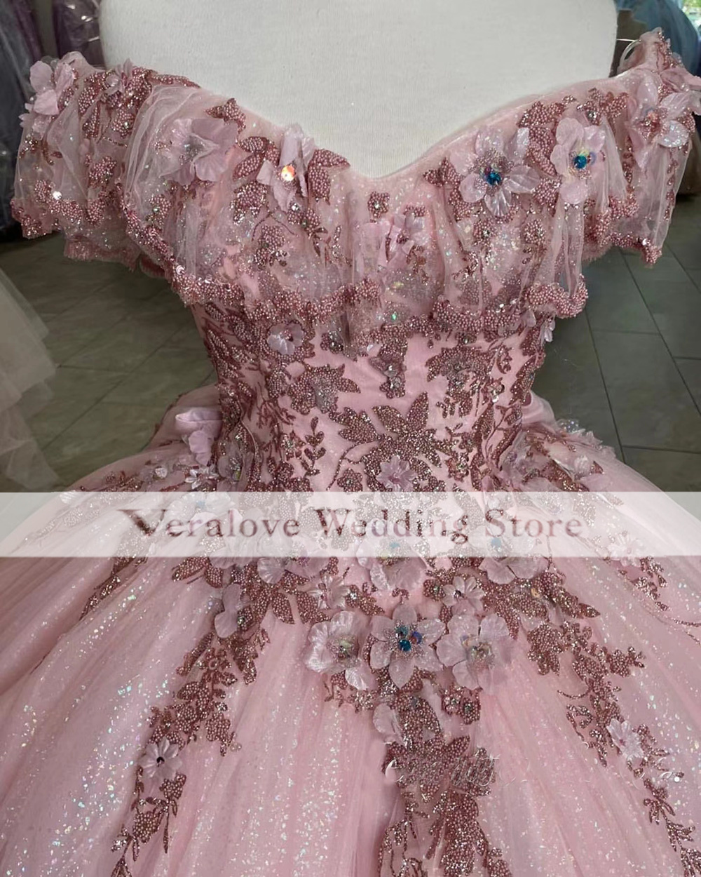 Princess Pink vestidos de 15 anos Quinceanera Dresses Appliques Lace Off Shoulder Sweet 16 robes de soiree Girl Prom Wear