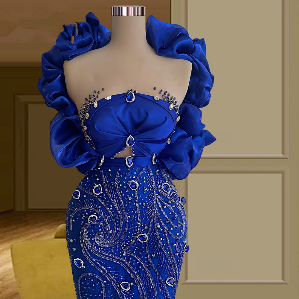 Shiny Royal Blue Satin Prom Dresses Sequined Beaded Party Dresses Mermaid Sleeveless Ruffles Custom Made Evening Dress
