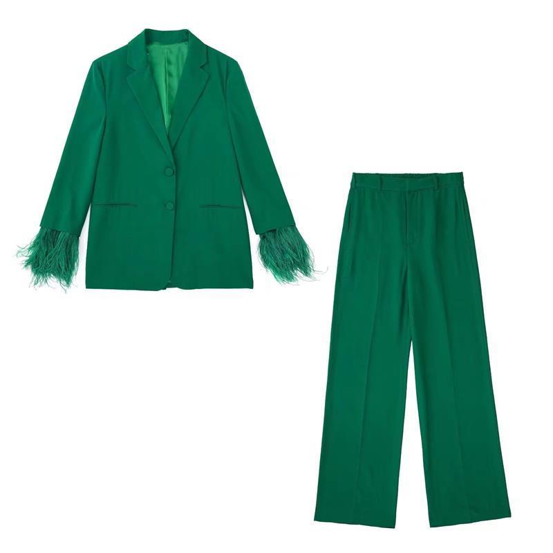 Womens Two Piece Pants Fashion Feather 2 Set Suits Fall Elegant Green Blazer Formal Chic Office Women Suit 2 220906