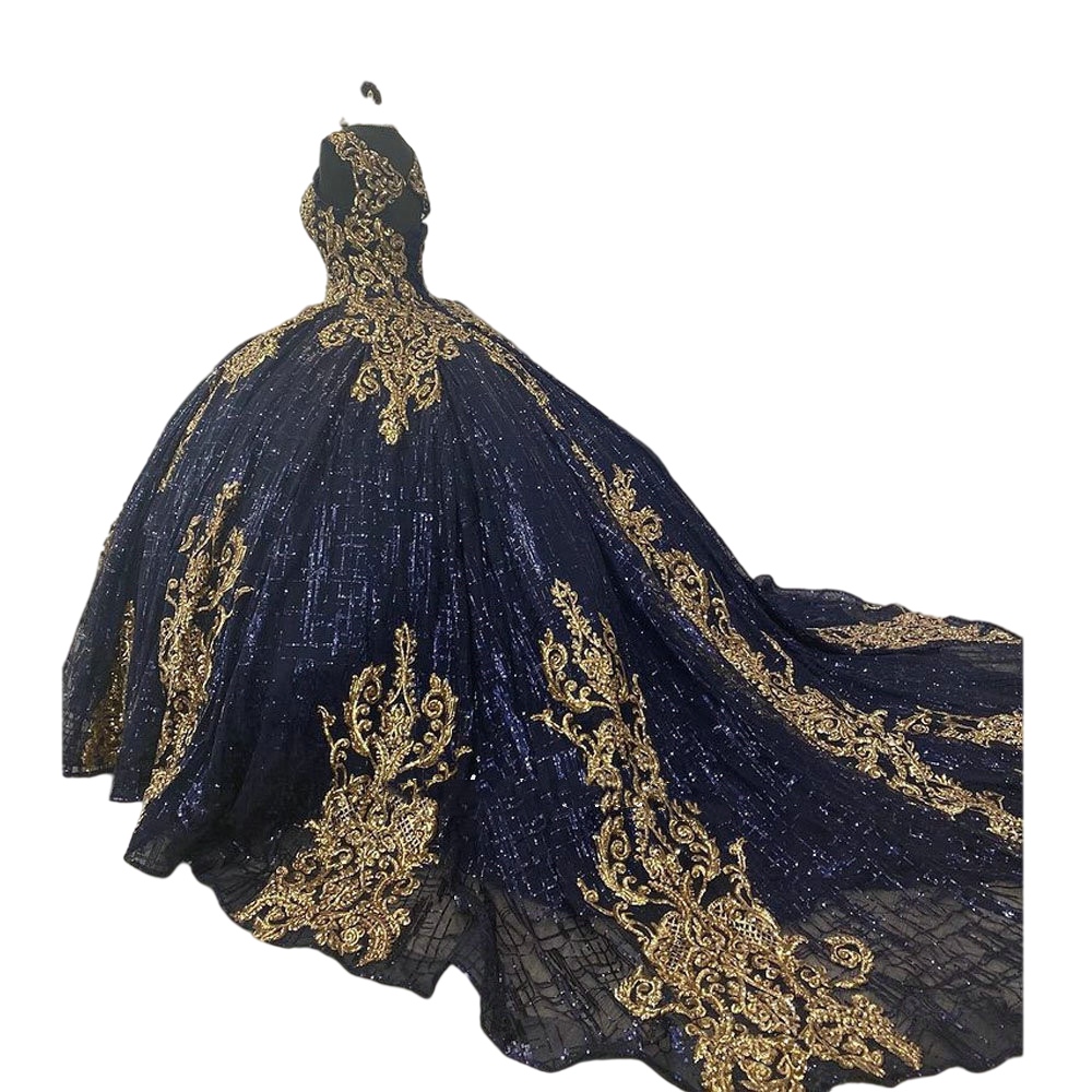 Navy Blue Glitter Crystal Quinceanera Dress With Gold Appliques lace-up Corset Ball Gown prom swety Vestidos De 15 Anos