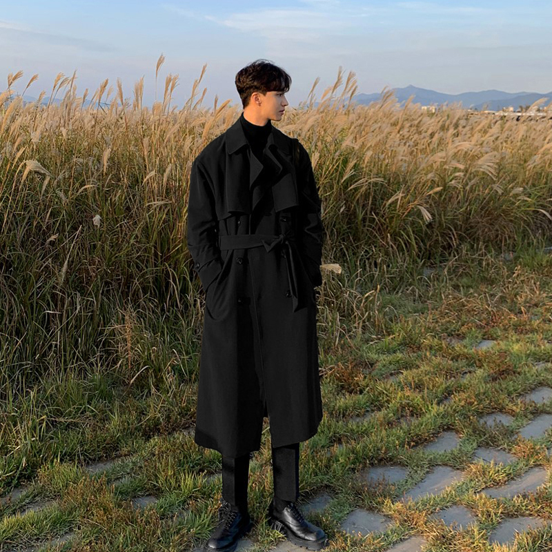Men's Trench Coats Korean Fashion Double Breasted Windbreaker Men Autumn Loose Middle Long Trench Coat Belt Casual Gabardina Hombre 220906