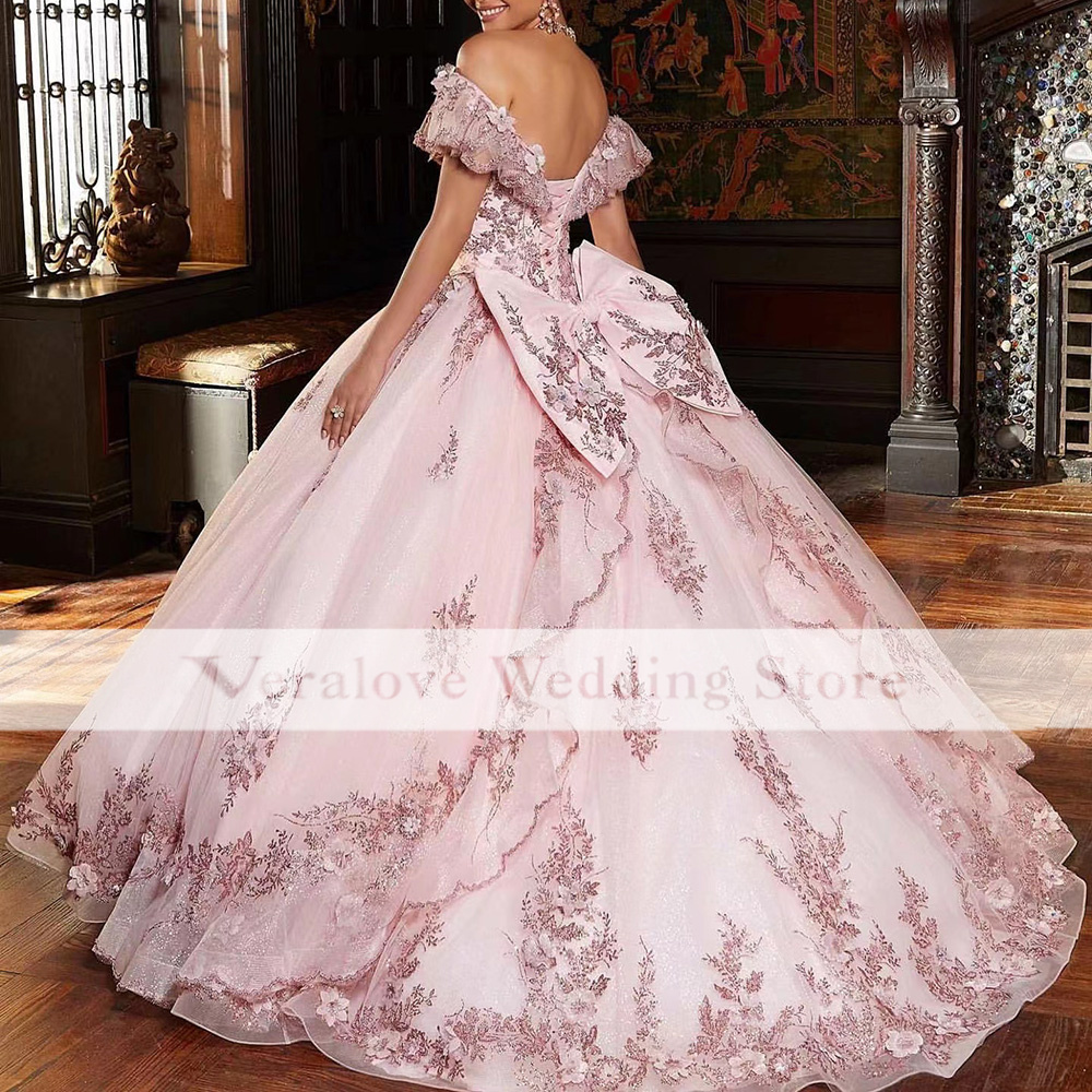 Princess Pink vestidos de 15 anos Quinceanera Dresses Appliques Lace Off Shoulder Sweet 16 robes de soiree Girl Prom Wear