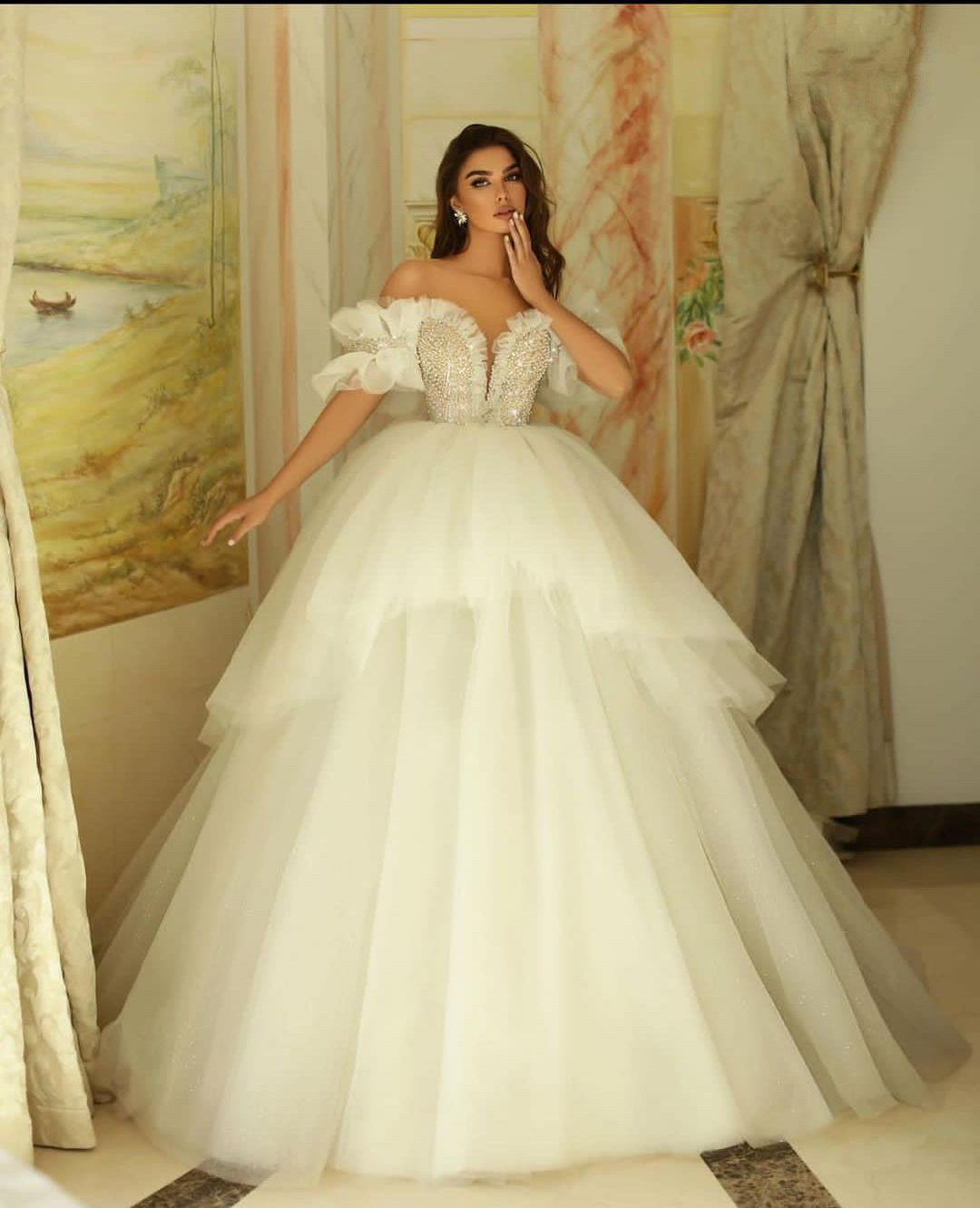 Elegant Ball Gown Wedding Dresses Deep V Neck Cape Sleeve Off Shoulder Sequins Pearls Shiny Appliques Lace Ruffles Floor Length Bridal Gowns Plus Size