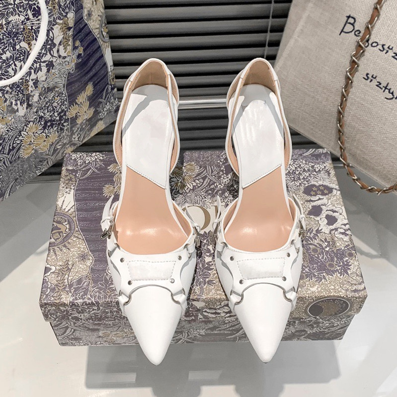 

New women's high heels fashion designer sandals stiletto platform leather half support shoes pointed toe toe wedding dress letter buckle black white 35-40