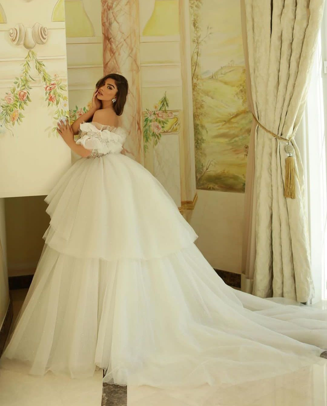 Elegant Ball Gown Wedding Dresses Deep V Neck Cape Sleeve Off Shoulder Sequins Pearls Shiny Appliques Lace Ruffles Floor Length Bridal Gowns Plus Size