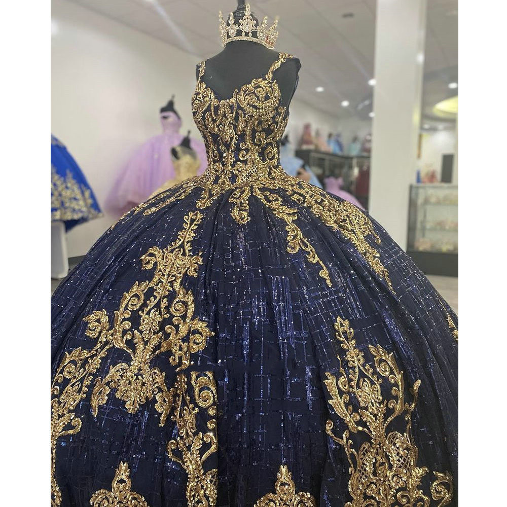 Navy Blue Glitter Crystal Quinceanera Dress With Gold Appliques lace-up Corset Ball Gown prom swety Vestidos De 15 Anos