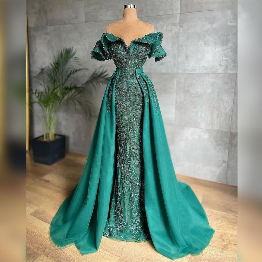 Prom Green Princess Sleeveless Deep V Neck Off Shoulder Appliques Sequins Evening Dresses Detachable Train Or Length Party Gowns Plus Size Custom Made