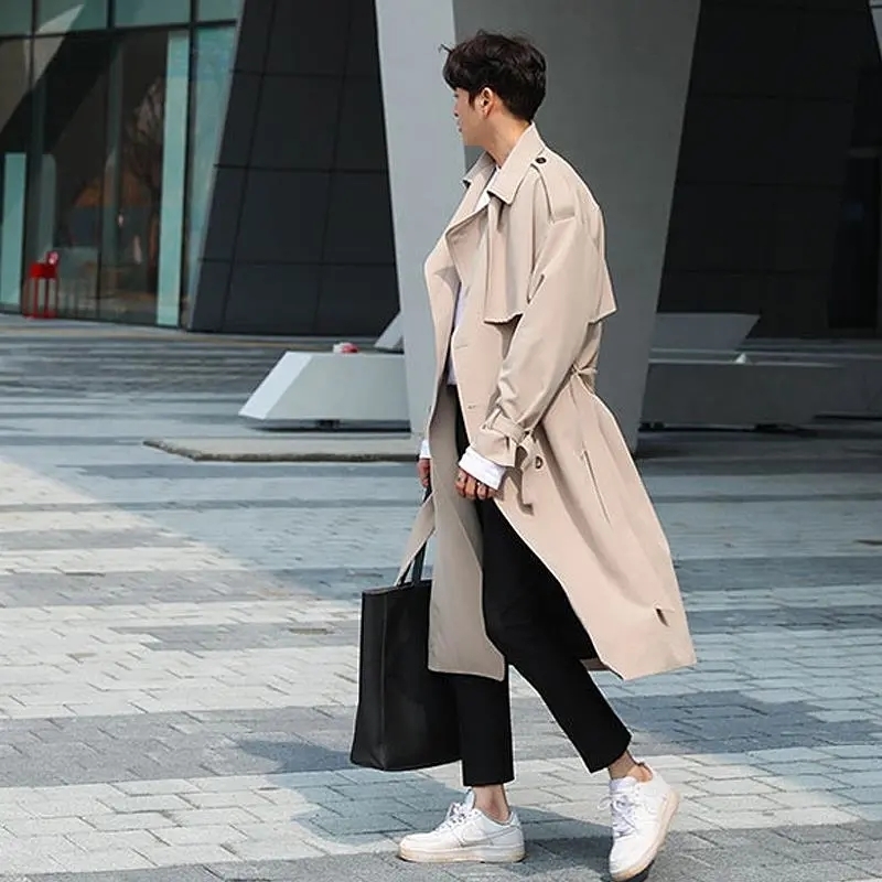 Men's Trench Coats Korean Fashion Double Breasted Windbreaker Men Autumn Loose Middle Long Trench Coat Belt Casual Gabardina Hombre 220906