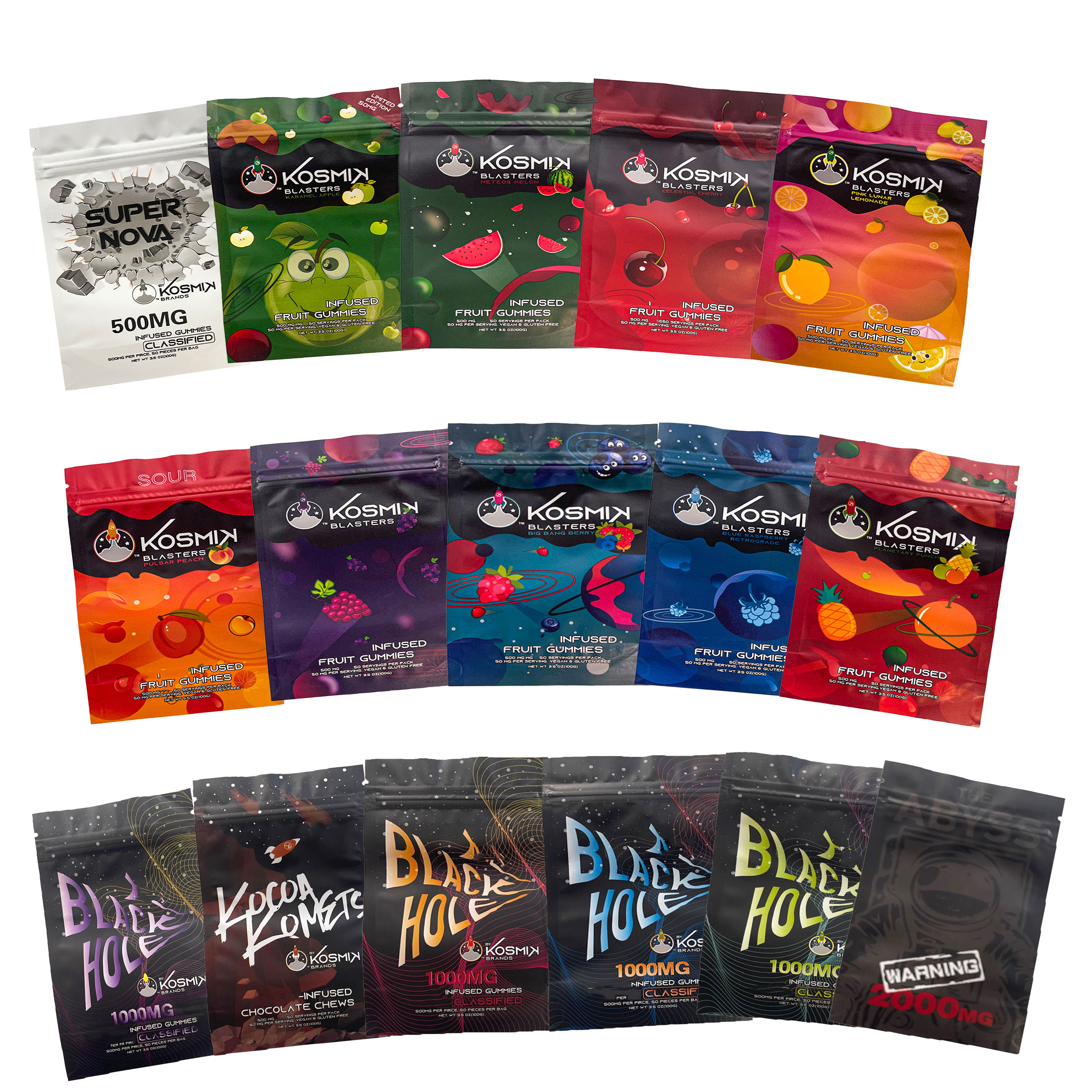 New kosmik blasters sour fruit gummies packing bags 500mg 3.5oz resealable mylar Edibles Infused zipper package bag
New kosmik blasters sour fruit gummies packing bags 500mg 3.5oz resealable mylar Edibles Infused zipper package bag