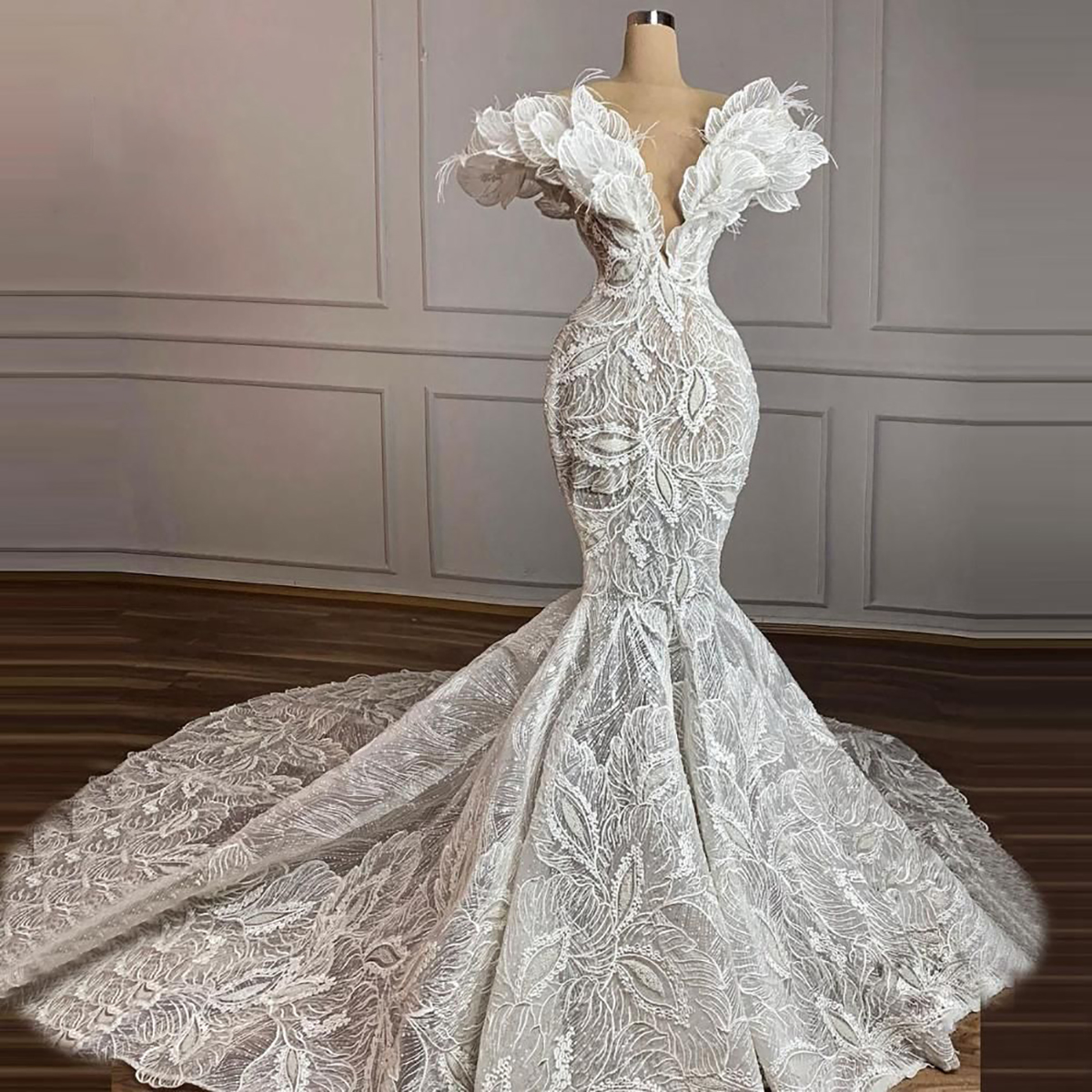 Elegant Mermaid Wedding Dress Off Shoulder Deep V Neck 3D Leaf wers Lace Hollow Appliques Sequins or Length Bridal Gowns Custom Made Vestido de novia