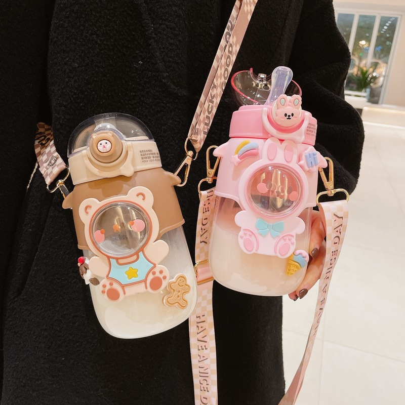 Cups Dishes Utensils Children Water Bottle Cartoon Plastic Straw Cup Straps Handles Portable Outdoor Travel School Large Capacity Drinking Bottles 220