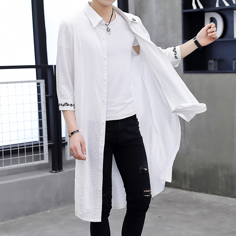 Men's Trench Coats Men's mid-length windbreaker jacket and over-the-knee coat Chinese style men's road robe cardigan with sleeves and H